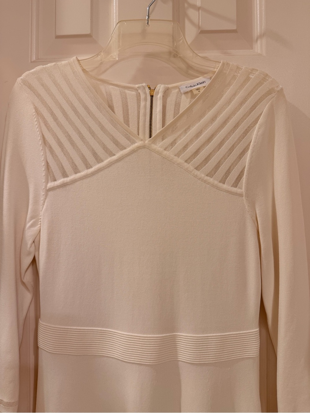 Calvin Klein Ivory Long-Sleeve Knit Fit & Flare Dress with Sheer details, Sz M - Picture 2 of 16